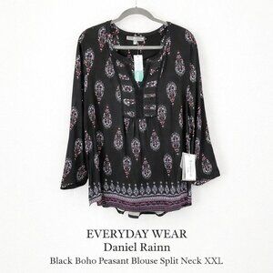 Daniel Rainn Black Boho Peasant Blouse Split Neck Long Sleeve XXL NWT